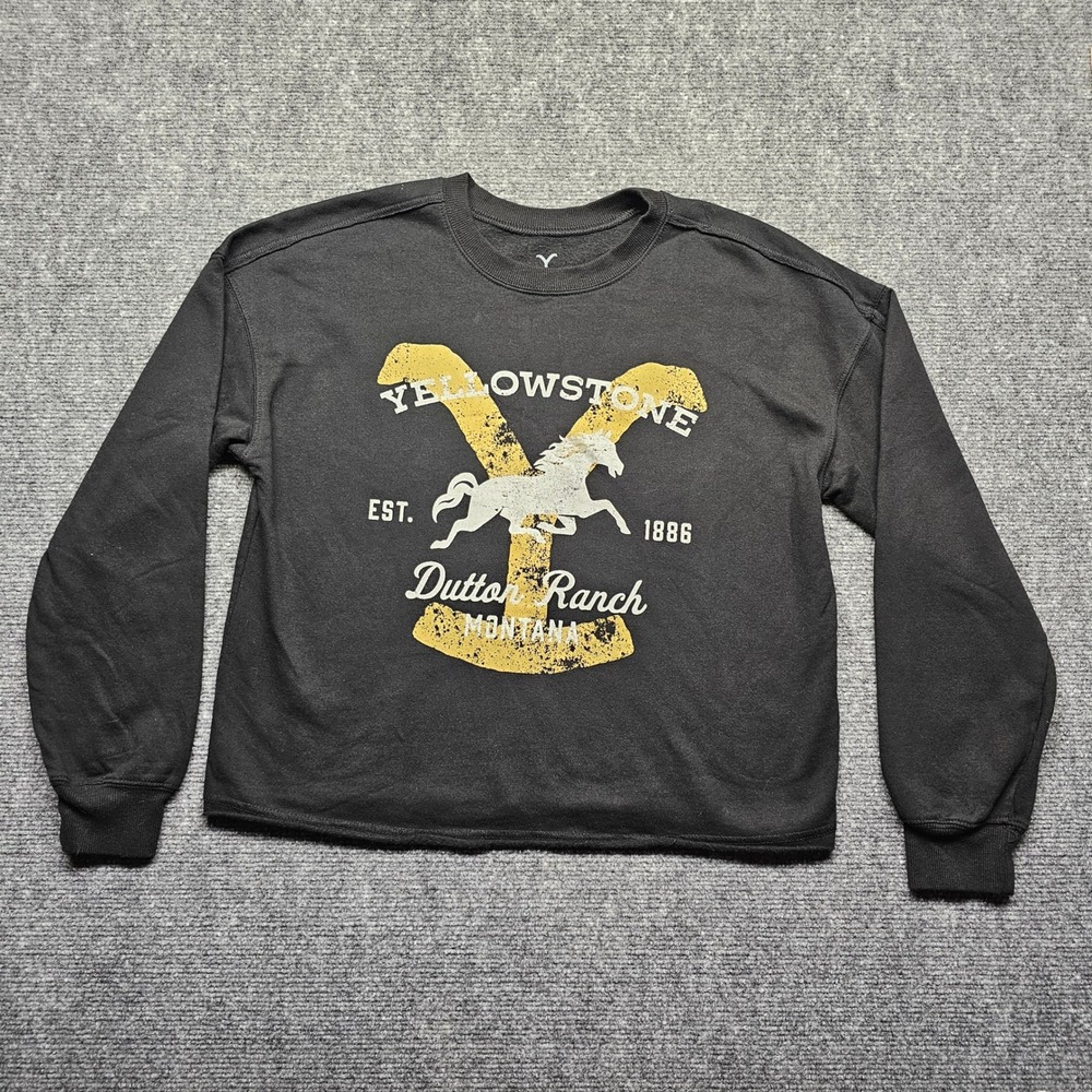 Yellowstone Dutton Ranch Montana Graphic Sweatshirt Black Small Raw Hem Pullover